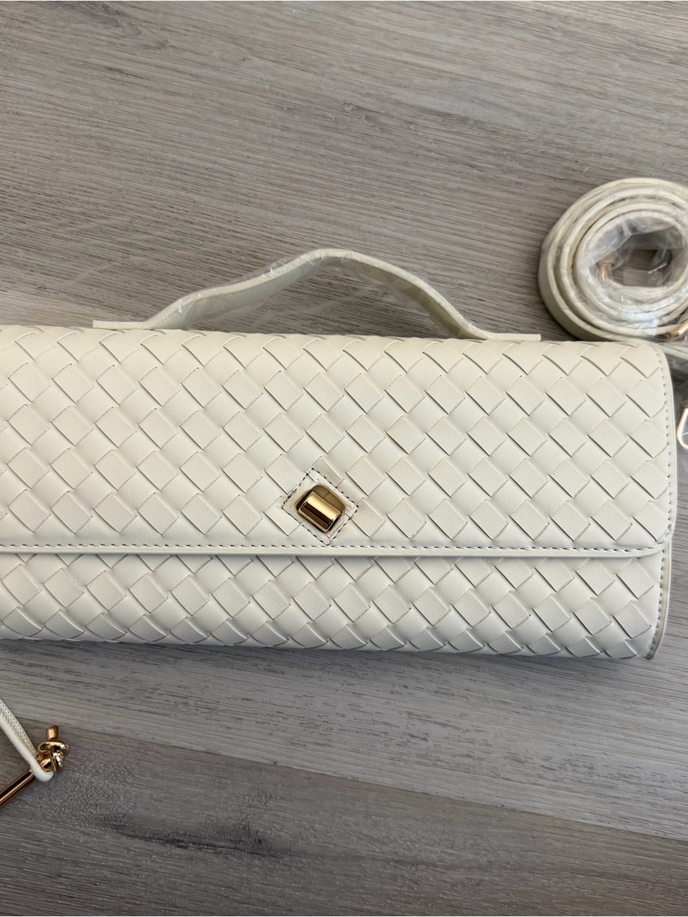 Woven Vegan Leather Clutch Crossbody Bag in Cream with Gold Hardware NWT